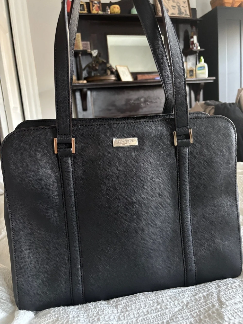 Kate Spade Newbury Lane Cadene Black Saffiano Leather Gold Hardware Candy Stripe